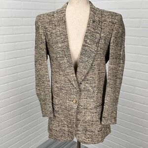 Barrie Pace Blazer Women Medium Black Tan Woven‎ Tweed Shawl Neutral Classic USA